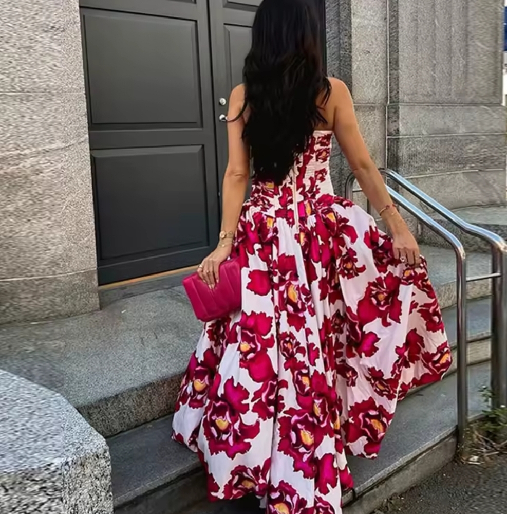 Elegant Puff Printed Tube Long Dresses Women Retro Pleated Slit Sleeveless Solid - Picture 4 of 7